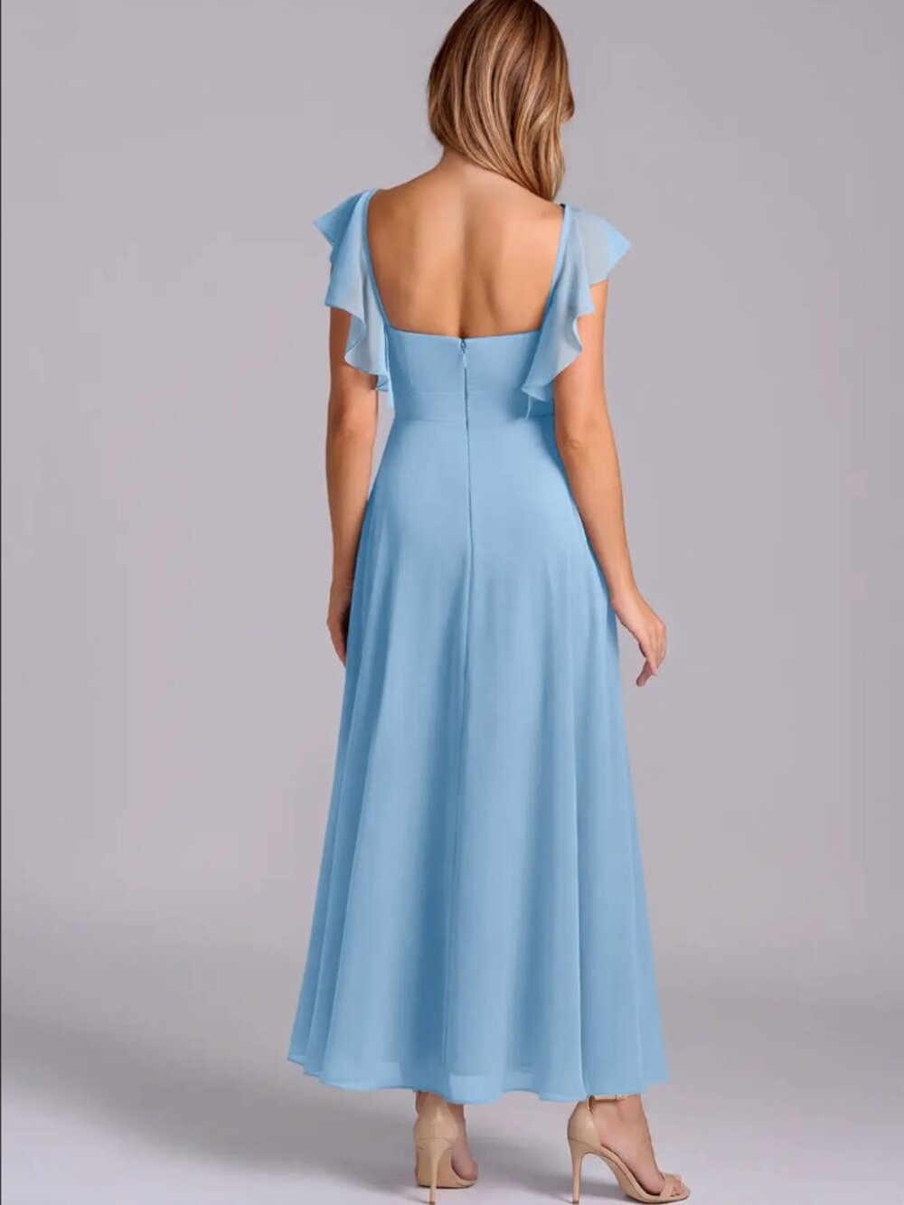 Azazie Leilani Powder Blue A-Line Ruched Chiffon Dress Size 8 - Picture 2 of 5